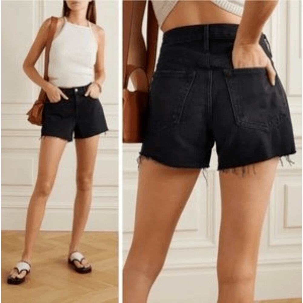 FRAME Denim Black Grayridge Le Simone Fringe Raw Hem Jean Shorts Size 27